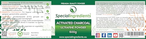 AKTIVKOHLEPULVER 500g HÖCHSTER QUALITÄT ULTRA-FEINES PULVER HERGESTELLT AUS KOKOSNUSS-SCHALE (DEUTSCHE ETIKETTEN UND ANLEITUNGEN)