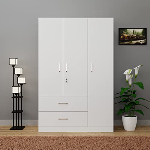 Image of VIKI Wardrobe | Wooden Almirah for Clothes,Door for Bedroom, 3 Door Wardrobe with Drawer & Hanging Space (Frosty White - 40D x 120W x 180H) | 1 Year Warranty | Free Assembly