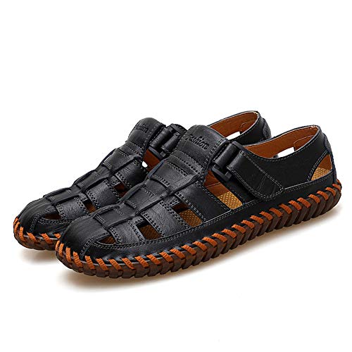 Qiucdzi Mens Sport Sandals Breathable Outdoor Fisherman Shoes Adjustable Closed Toe Summer Leather Loafters Black