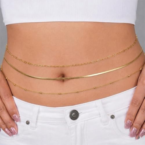 Image of VAMA FASHIONS 18K Gold Plated Belly Chain Anti Tarnish Adjustable Waist Hip Belt Beads Herringbone Saree Kamarbandh Beach Body Chain Combo Jewelry for Women & Girls