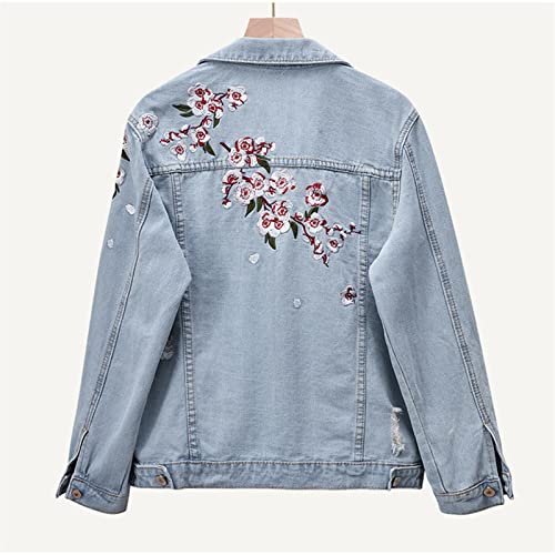Kelsiop Spring Plum Flower Embroidered Cotton Collar Denim Jacket Women's Harajuku Loose Ripped Blue Denim Jacket3