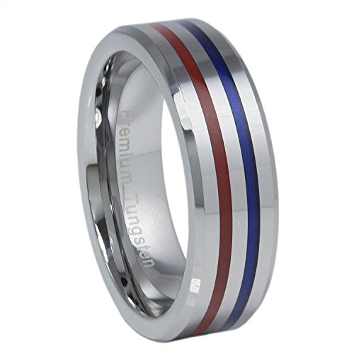 Panvisionary Thin Blue Line Tungsten Carbide Ring Red and Blue 6MM Flat Profile with Beveled Edges (9.5)
