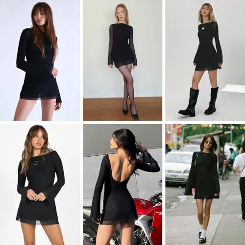 Image of JUMISEE Women's Sexy Backless Leopard Print Mini Dress Mesh Sheer Flared Long Sleeve Bodycon Dress Y2K Casual Dresses