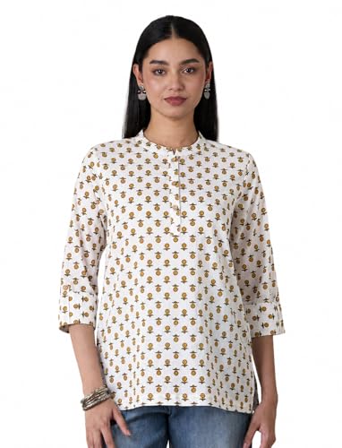Image of Amazon Brand - Myx Women's Screen Print Straight Printed Regular Cotton Short Kurti (Available in Plus Sizes)