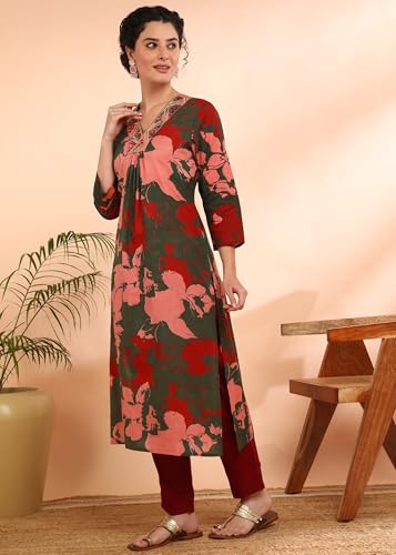 Image of Maaesa Women Printed Rayon Slub Straight Kurta