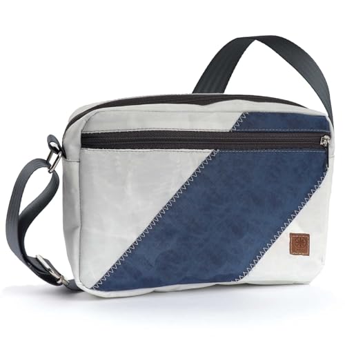 360° Grad Fender Umhänge-Tasche Segeltuch weiß-blau, Gurt grau