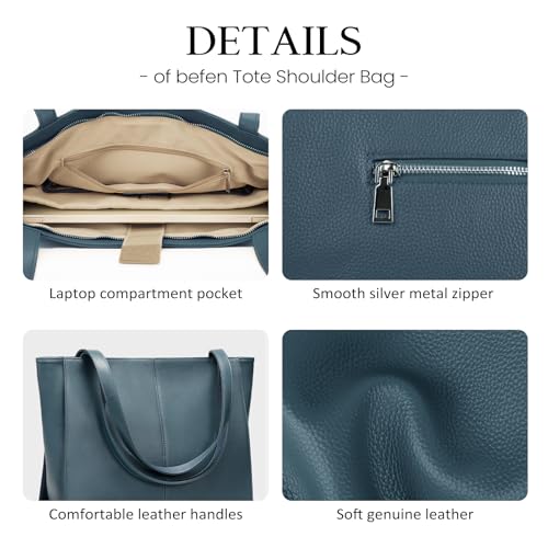 Image of befen Genuine Leather Tote Bag for Women Work Travel Leather Purse Handbags | Real Leather, Padded 14 inch Laptop Compartment, Multi-Pockets, Zipper, Tote Bag for Daily