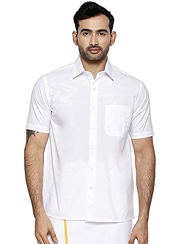 Image of RAMRAJ COTTON Men White Half Sleeve Shirt Crafted For Comfort| Durability| And Timeless Everyday Style