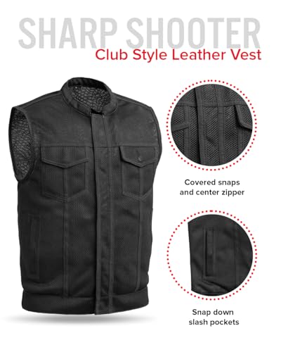 First Mfg Co Sharp Shooter Men's Motorcycle leather Vest - Classic Bike Riding Vest - Banded Collar, Covered Snaps, Conceal Carry Pockets YKK Zippers (Black-XL)