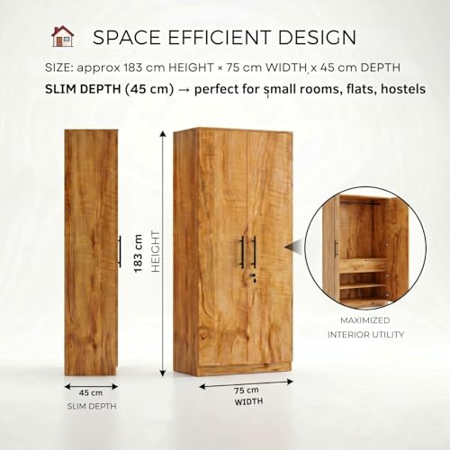 Image of FFO Matrix 2 Door Wardrobe with 2 Drawers | Multi-Purpose Wardrobe Organizer with Shelves | Engineered Wood Cupboard for Living Room, Bedroom & Office | Modern Sideboard Storage Unit Coach Wood DIY.