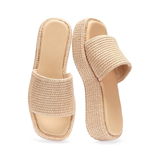 Image of Monrovia Platform Sandals Women Raffia Espadrille Slides, Woven Straw Flatform Beach Sandals Women, Slip On Summer Vacation Shoes, Comfortable Casual Daily Wear