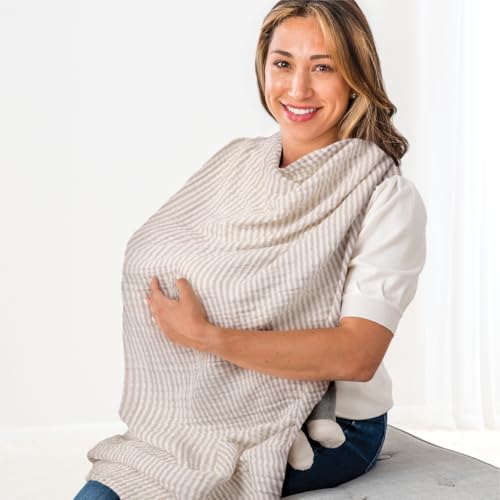 Image of Itzy Ritzy Breastfeeding Boss Multi-Use Cover – A Nursing Cover, Swaddle, Car Seat Wrap, Tummy Time Mat & Burp Cloth All in One – Made of Soft Muslin Fabric & Measures 47” x 47” (Taupe Stripe)