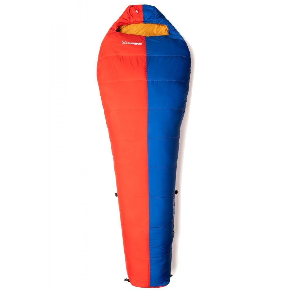 Snugpak Softie Expansion 2 WGTE - Sleeping Bag with Built-In LED Torch, Expanda Panel for Extra Room - Adjustable Length Mummy Sleeping Bag - Compact, Durable Sleep Bag for Camping, Hiking - Red/Azure
