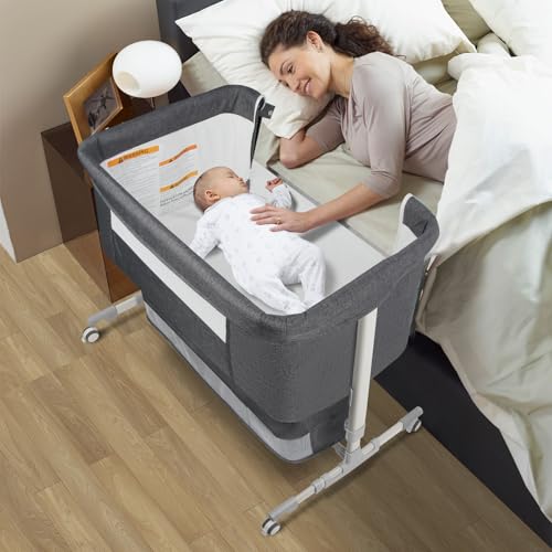 Image of 4-in-1 Bedside Bassinet for Baby, Convertible Crib with Mosquito Net & Diaper Changing Station, Portable Sleeper w/Mattress & Travel Bag (Grey)