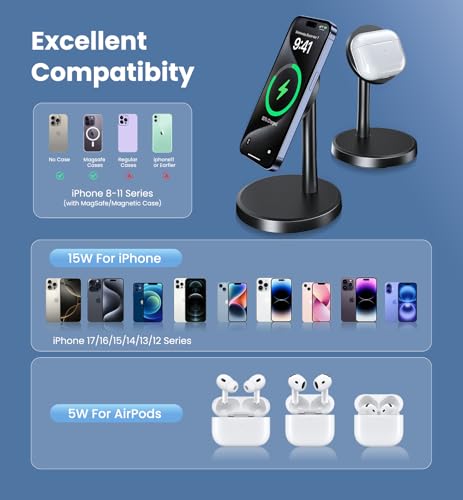 Magnetic Wireless Charger iPhone, 2 Pack 15W Fast Mag-Safe Charger Stand for iPhone 18 Pro Max/ 17/17 Air/17 Pro/17 Pro Max 16/15/14/13/12 Series, Wireless Charging Station for Pad/AirPods(Black) - image 6
