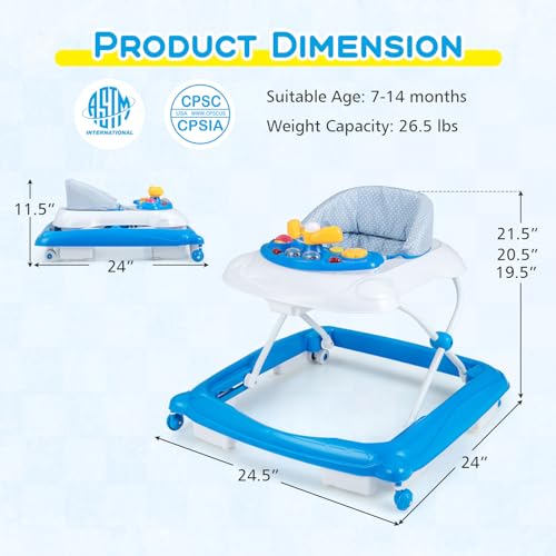 Image of BABY JOY Baby Walker, 4 in 1 Foldable Activity Walker with Adjustable Height, Music, Lights, Anti-Rollover Toddler Push Walker, Baby Walker with Wheels for Boys Girls 7-14 Months (Blue)