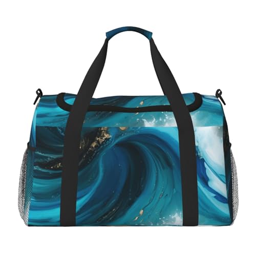Turquoise Blue Gold Marble Print Foldable Carry On Tote Large Capacity Hand Carry Bag for Airplane Weekend Getaways