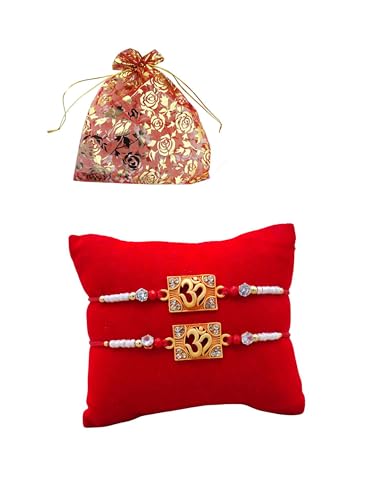 Rakhi for Brother, Brass Stylish Square OM Designing Bracelet Rakhi with Golden Beads- Thread Raksha Bandhan Rakhi Gift, Wrist Bands for Loving Sibling/Brother Sister, Friends & Father - Set of 2