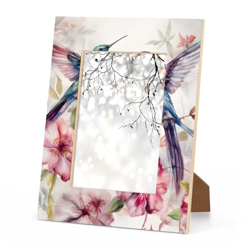 Mintoprints Marco de fotos de colibrí de 5 x 7 pulgadas, diseño de flores rosas para exhibición de mesa y montaje en pared, marco de fotos de madera de 5 x 7 pulgadas