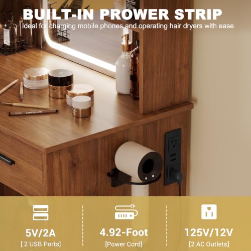 Image of BORNOON Vanity Desk with Mirror and Lights, Small Makeup Vanity Desk with Charging Station, Bedroom Vanity Table with Drawers, Storage Shelves, RGB Ambient Light and Hair Dryer Holder