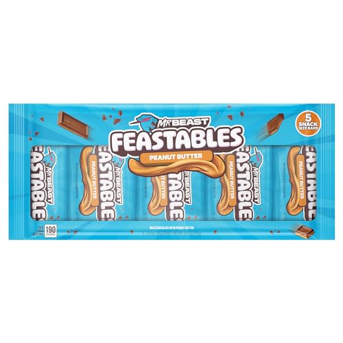 Feastables MrBeast Peanut Butter Milk Chocolate Chocolate Bar, Full Size Bar for Adults & Kids, Candy Bars, Snacks, Gifts, & Dessert, Fairtrade Cocoa, 1.24 Oz Each, 5 Count