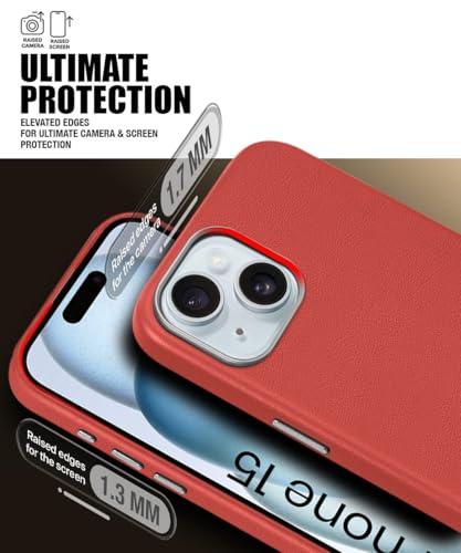 Image of WOW IMAGINE Back Cover for iPhone 15 | Shockproof Tough Leather Texture Hard Mobile Case | Ultra Slim Non-Slip Grip | Inner Velvet Fabric | Metal Camera Ring - Crimson Red