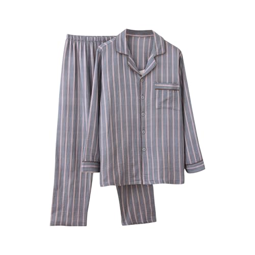 Mens Long Sleeve Loose Cotton Pajama Set Casual Plaid Button Down Lapel Tops and Pant Loungewear 2 Piece with Pocket2