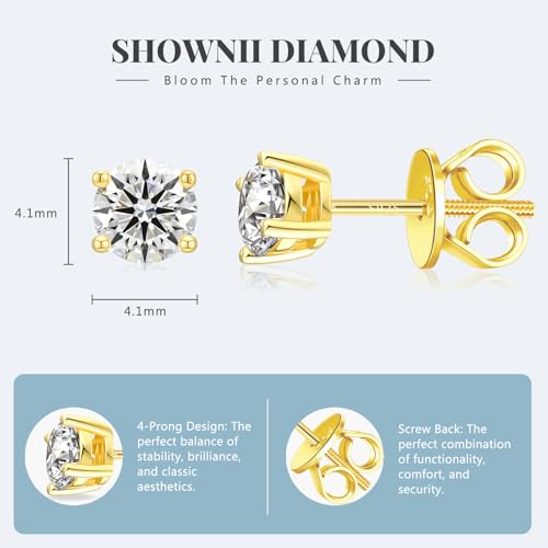 SHOWNII Diamond 4-Prong Lab-Grown Diamond Stud Earrings for Women 0.5CT 1CT 14K Gold Plated S925 Sterling Silver Screw Back Earrings(I-J Color, S1-VS2 Clarity) - Image 4
