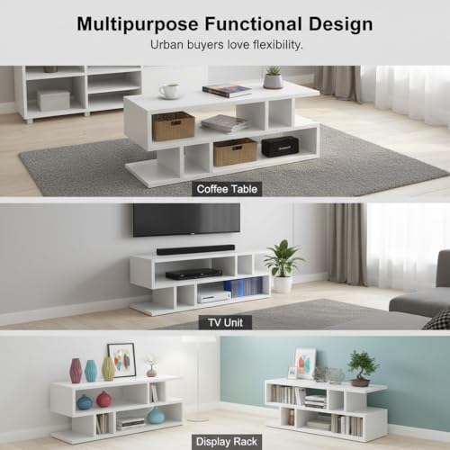 Image of FURLAY Zentro White Coffee Table for Living Room, Modern Engineered Wood Center Table with Multi-Level Open Storage Shelves, 90 x 40 x 40 cm (FWCT2-White)