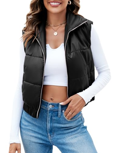 Fisoew Womens Faux Leather Puffer Vest High Stand Collar Zip Up Sleeveless Winter Cropped Jacket Gilet