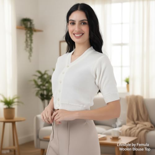 Image of Women Winter Wear V-Neck Half Sleeves Regular Fit Woollen Blouse