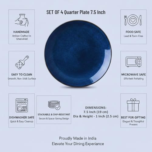 Image of Freakway Elegant Ceramic Round Quarter Plate Set, Midnight Blue, 7.5 Inch, Glossy Finish, Set of 4, Ideal for Parties and Daily Meals
