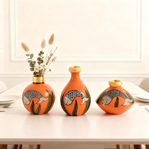 Image of Aakriti Art Creations Something's Fishy Terracotta Vase Set of 3 (Orange) | Hand-Painted Madhubani Art Flower Vases | Matte Finish Decorative Vases for Living Room, Table Decor & Gifting