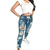 KUNMI Women High Waist Skinny Stretch Ripped Jeans Destroyed Denim Pants Plus Size Blue