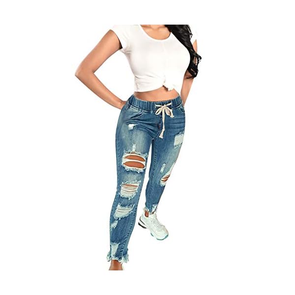KUNMI Women High Waist Skinny Stretch Ripped Jeans Destroyed Denim Pants Plus Size Blue