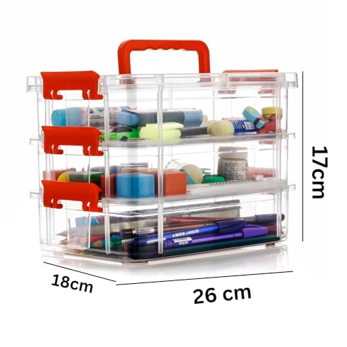Image of plastic boxes for Storage transparent boxes for storage, Portable & Stackable Space Saving Organiser with Lid for Medicine, Jewelry, Arts & Crafts, Buttons, Beads (Blue, 3 TIER)