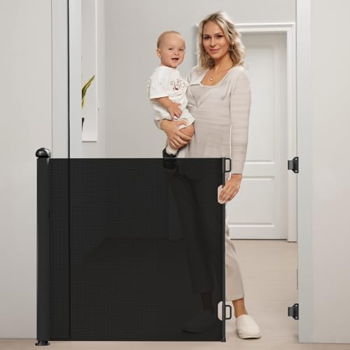 Image of Retractable Baby Gate Dog Gate - BTXON 55" Auto Lock Mesh Child Safety Gates for Stairs, Doorways, Hallways, Indoor, Outdoor(Black)