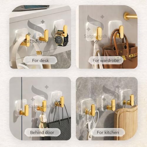 Image of Satpurush Luxury Acrylic Self Adhesive Wall Hooks | Heavy Duty Bathroom & Kitchen Hook | No Drill Waterproof Wall Hanger for Towels, Robes, Keys & Accessories (Gold, Pack of 8)