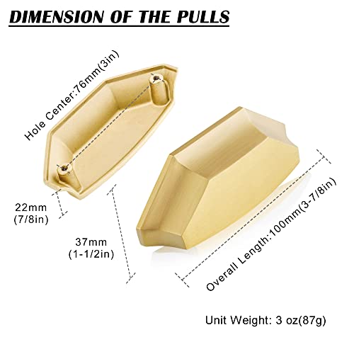 Qogrisun 5-Pack Solid Brass Cabinet Cup Pulls, Gold Drawer Dresser Handles, Copper Kitchen Hardware, 3-Inch Hole Center, 3.9-Inch Overall Length, Brushed Finish #TOP7