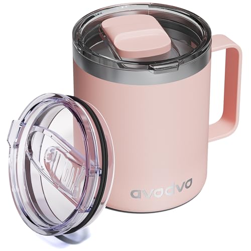 avodvo 12oz Insulated Coffee Mug with Lid – Includes Two Lids, Stainless Steel Coffee Travel Mug with Handle, Double Wall Vacuum Insulated Camping Mug for Home, Office & Outdoor, Light Pink