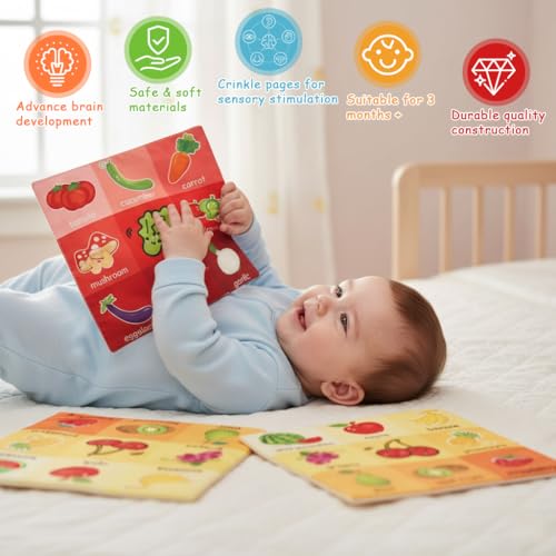 Image of SNOWIE SOFT 3Pcs Tummy Time Toys for Babies, English Learning Baby Toys for 6 to 12 Months with Ocean, Jungle Animals, Farm Animals, Fruits, Vegetables, Toys, for Visual Sensory Development, Washable