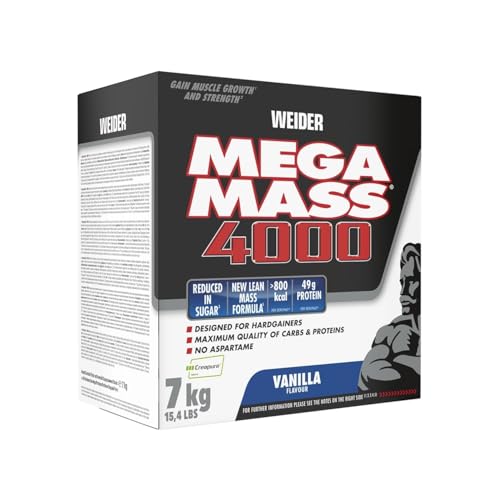 Weider Mega Mass 4000 - Weight Gainer Pulver mit 48g Protein & Kreatin pro Portion - Für Muskelaufbau & hohe Kalorienaufnahme - 7kg - Vanille