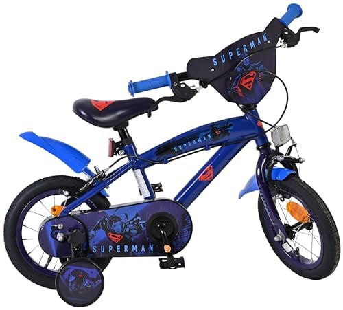 Volare Superman Kids Bike | Age Age 3-5 | 12 Inch Wheel | 2 Handbrakes (Front & Back Wheel), Removable Stabilisers, Chain Guard & Pedal Reflectors | Adjustable Saddle | Gift for Girls & Boys