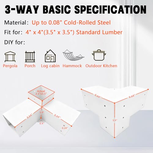 Image of 2Pack 3-Way Pergola DIY Bracket Kit,White Heavy Duty Right Angle Corner Brackets with Screws for 4 inchx4 inch(Actal:3.5 inchx3.5 inch) Wood Beams for Outdoor Pavilion,Kitchen,Porch,Hammock,Hunt Cabin