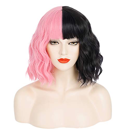 WTHCOS Black Pink Wig Two Tone Wig Short Curly Wig with Bangs Split Wig Bob Wig Synthetic Wigs Cosplay Party Wig with Wig Cap