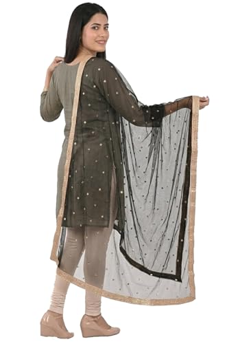 Image of YOUTHQUAKE Women's Net Embroidered Full Size Dupatta With 4 Side Golden Lace