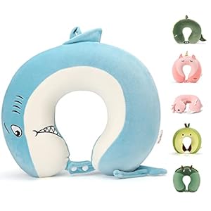 Niuniu Daddy Kids Travel Pillow for Airplane, Road Trip, Car Seat – Neck, Chin Supporting – Stop Head from Falling Forward – Memory Foam Insert and Cute Shark Animal Plush Cover – Gift for Boys, Girls