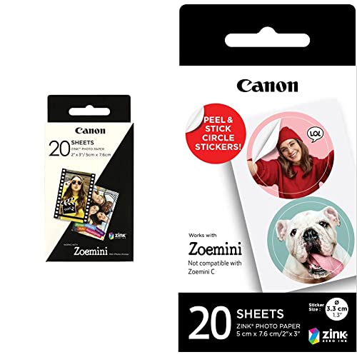 Canon Zink Paper ZP-2030-50 Pack de 20 feuilles papier photo autocollant 5 x 7,6 cm pour imprimante Canon Zoemini, Zoemini C, Zoemini S, Zoemini S2 & Zink...
