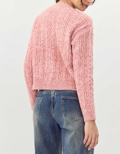 Image of Women's Bow Front Cardigan Cropped Button Button Down V Neck Cropped Cable Knit Sweater Tops Pink