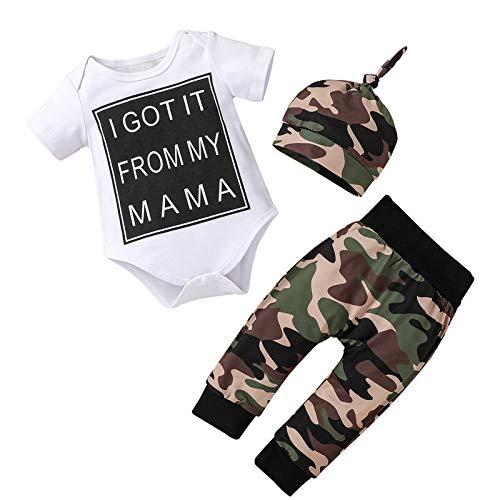 Newborn Baby Boys Clothes Letter Print Short Sleeve Romper+Camouflage Long Pants+Hat 3PCS Outfits Set?Yellow Camouflage, 3-6 Months